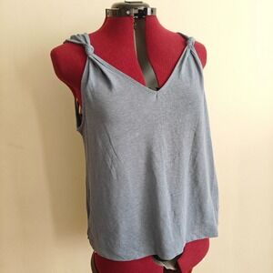 Madewell Women's Tank Top Linen Blend V Neck Knotted Shoulder Knit Blue Large